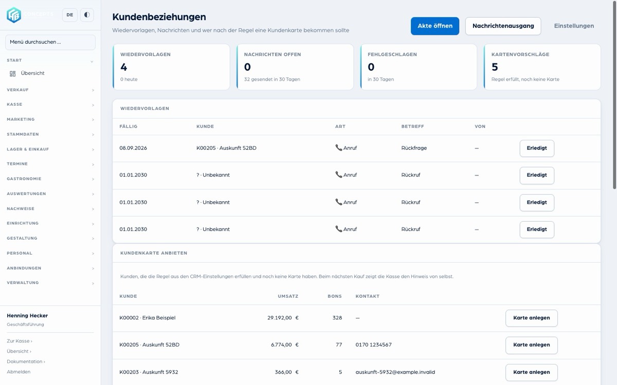 Das CRM von A'proPOS mit Wiedervorlagen und Kartenvorschlägen