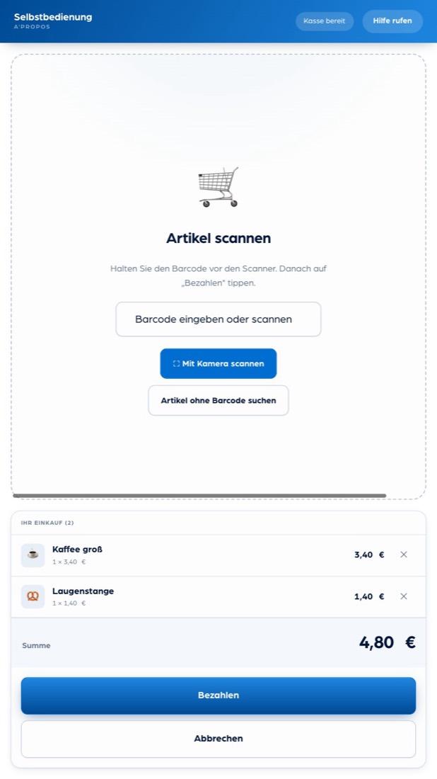 Das Self-Checkout von A'proPOS im Hochformat